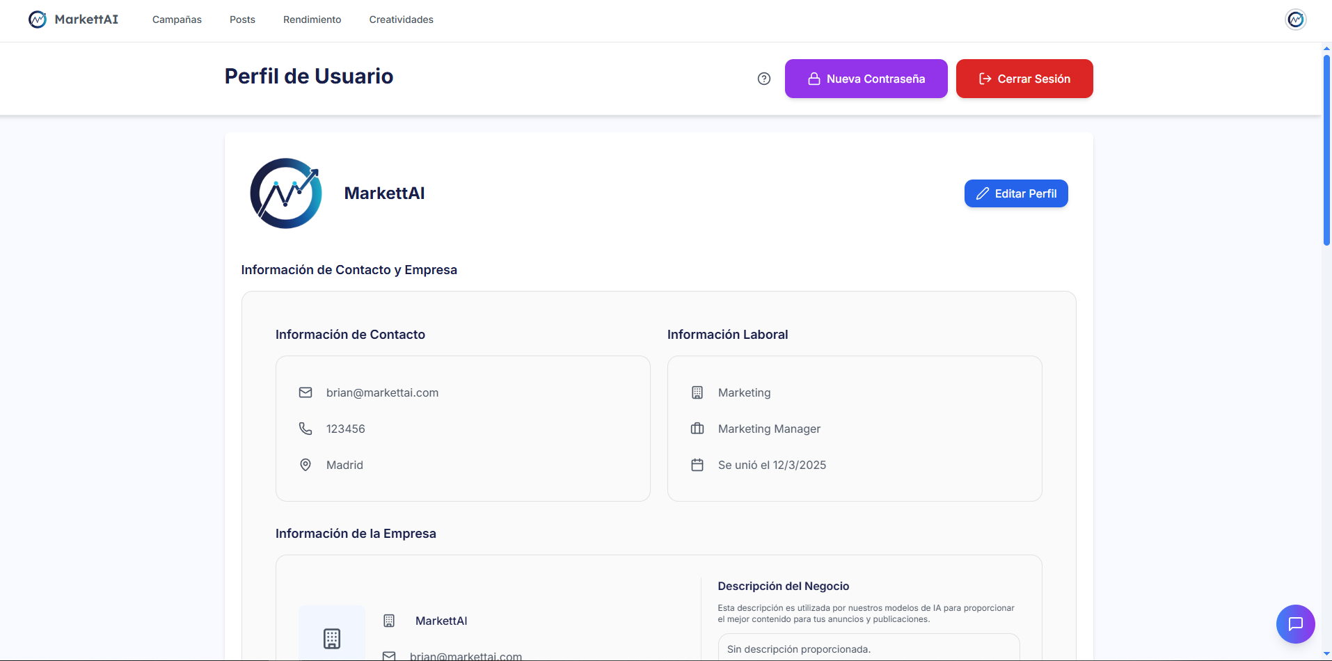 Interfaz de la sección de Usuarios mostrando las pestañas de Perfil, Datos del Negocio, Integraciones y Suscripción.