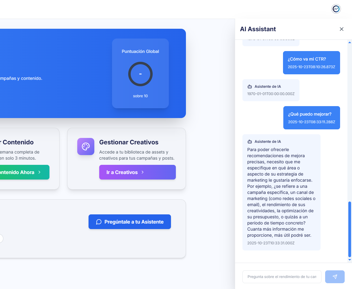 Interfaz del asistente de IA en la esquina inferior derecha, con un historial de conversación que muestra una pregunta del usuario sobre métricas y una respuesta detallada del asistente.