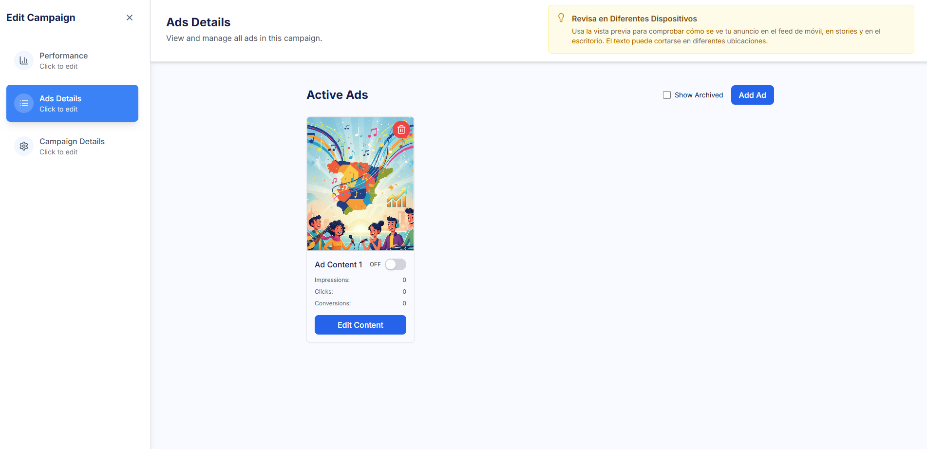 Vista de Ads Details en el flujo de edición, mostrando una cuadrícula de anuncios activos con la opción de activar/pausar cada uno y el botón "Add Ad".