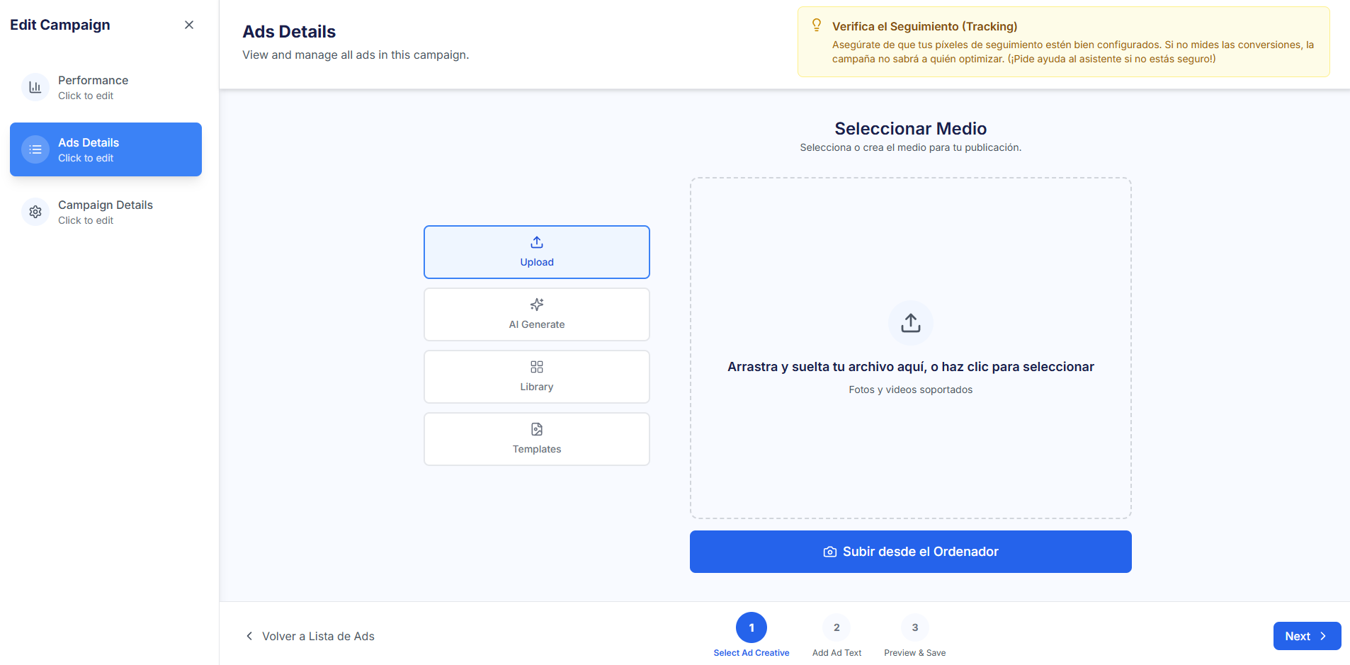 Vista de Ads Details en el flujo de edición, mostrando una cuadrícula de anuncios activos con la opción de activar/pausar cada uno y el botón "Add Ad".