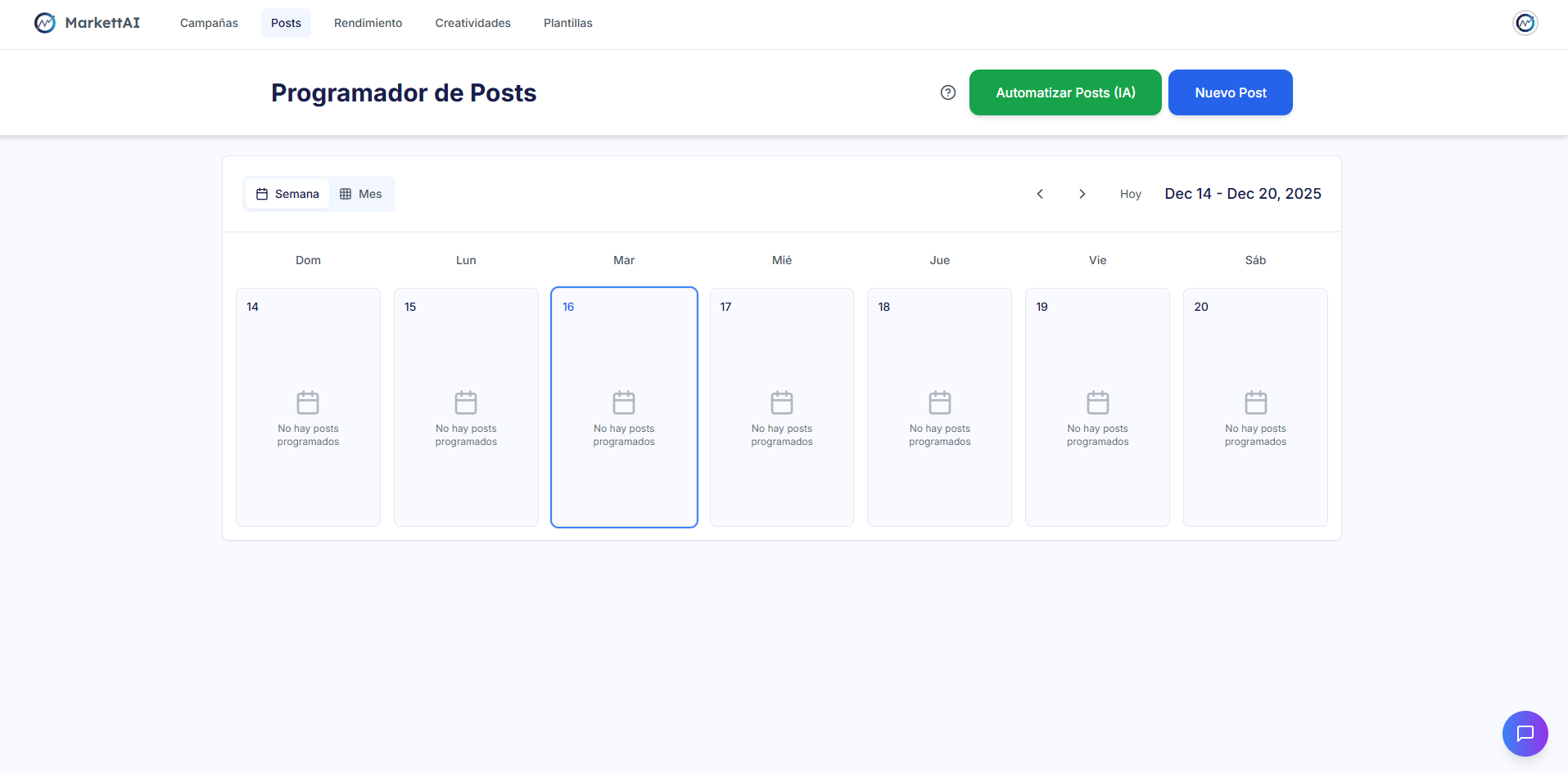 Vista principal del Calendario de Contenidos mostrando un mes completo con posts programados en diferentes días e indicando el toggle del Modo Delegación Total.