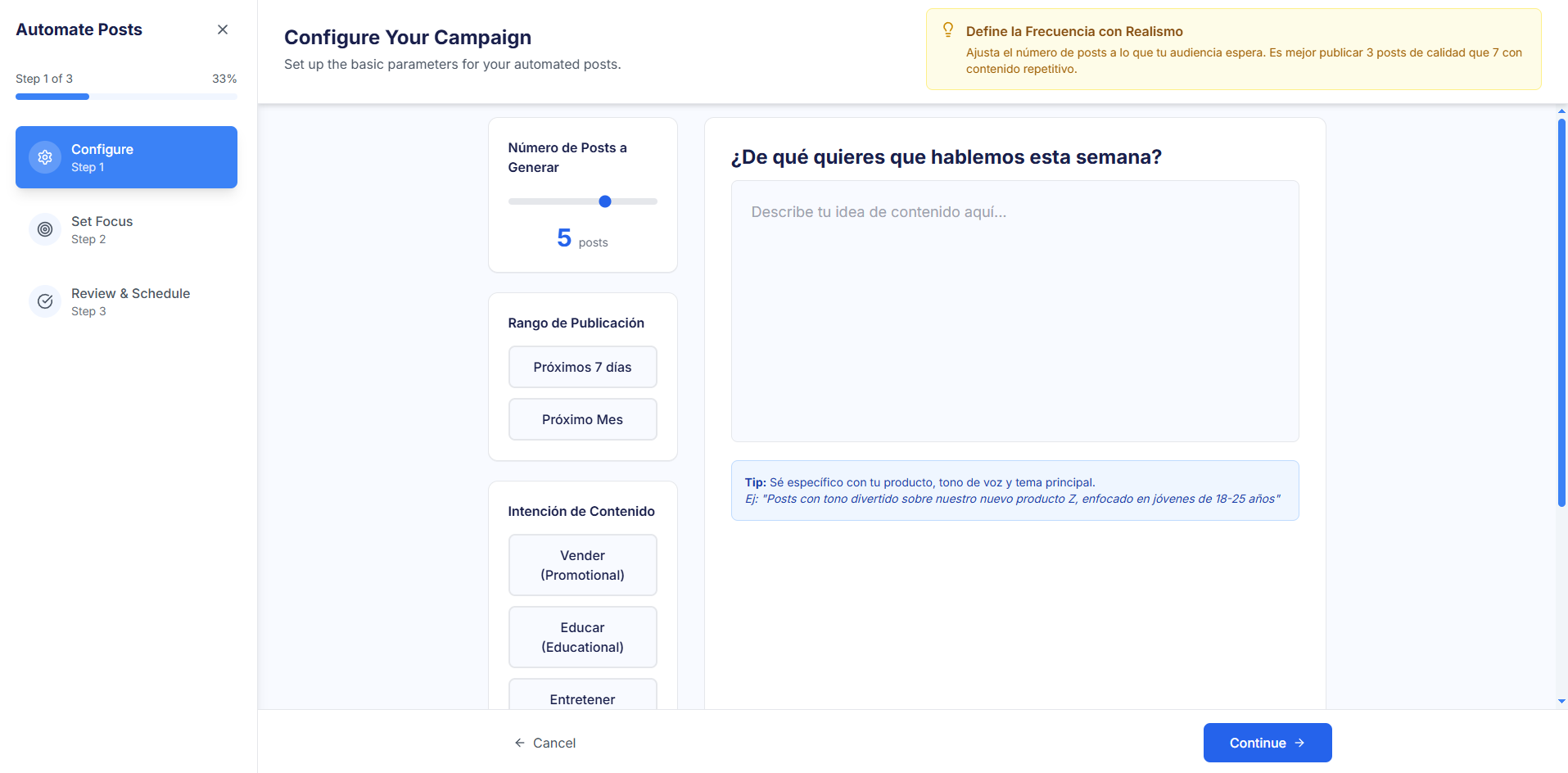 Vista del Paso 2 del Flujo de Automatización de Posts, donde la IA propone una lista de ideas de contenido (borradores) para la revisión del usuario.