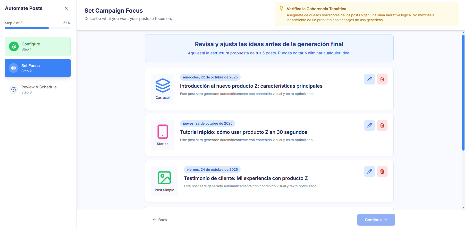 Vista del Paso 2 del Flujo de Automatización de Posts, donde la IA propone una lista de ideas de contenido (borradores) para la revisión del usuario.