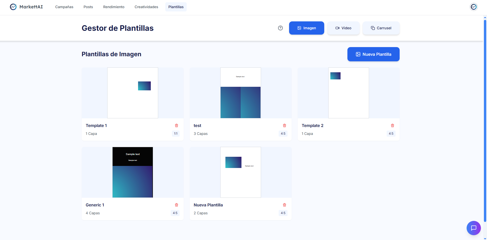 Interfaz del Editor de Templates, mostrando el lienzo con varias capas (texto, imagen, logo) y las opciones de configuración de la capa seleccionada.