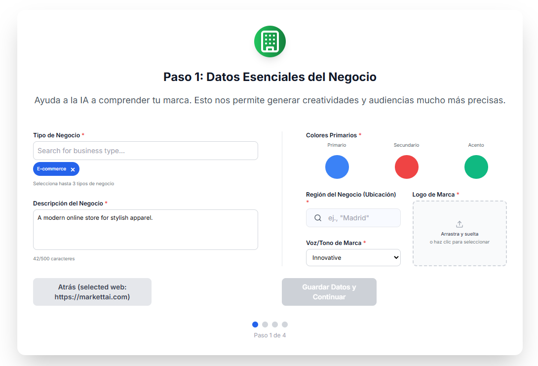 Captura de pantalla de la aplicación Markettai mostrando el Paso 1 del Onboarding, donde el usuario introduce la URL del sitio web y rellena los datos de marca como el tipo de negocio, la voz/tono y la paleta de colores.