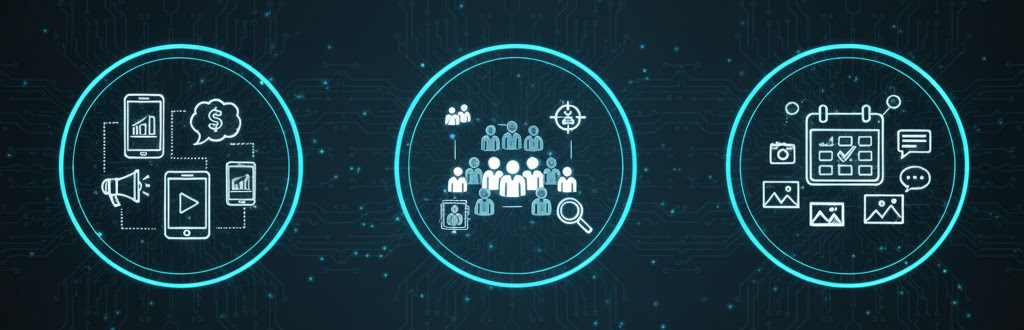 Diagrama de tres pilares interconectados que representan los tres componentes clave del marketing digital: Anuncios/Creativos, Audiencia/Segmentación y Contenido/Flujo.