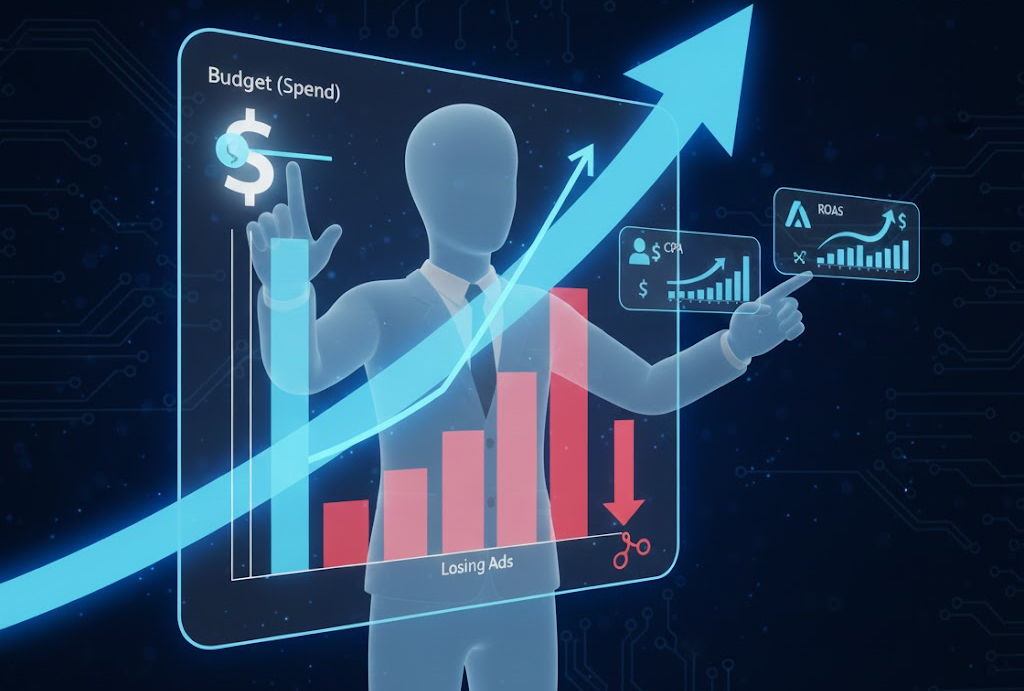 Diagrama de flujo que muestra la decisión manual de aumentar el presupuesto para un anuncio con buen ROAS o pausar uno con CPA alto.